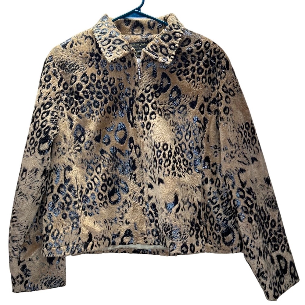 Jackets Galore‎ Y2K Leopard Print Faux Fur Zip Up Jacket Rhinestone Pull Size L